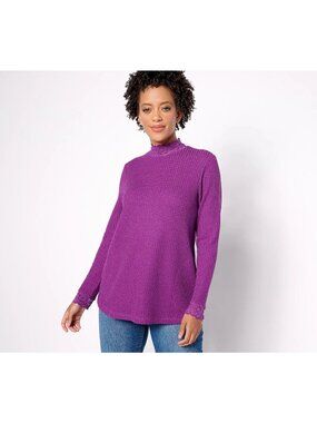 LOGO by Lori Goldstein Top Small Metallic Waffle Knit Mock Neck Top Lace Purple